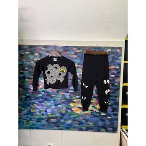 Vintage 80s Kids Ghost Boo Halloween Pajama Set Black Long Sleeve  Pants Size 6